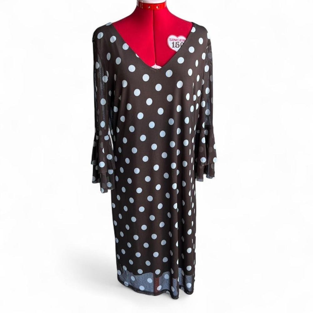 Harlow & Rose Brown & White Polka Dot V Neck Dress Layered Fairy Sleeves Large